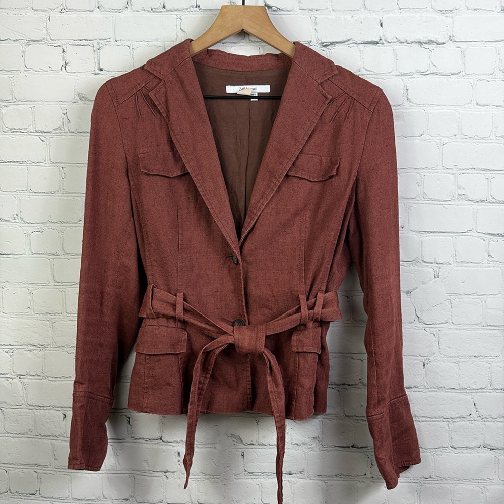 ZARA Basic Flax Linen Button Tie Jacket size large (M)